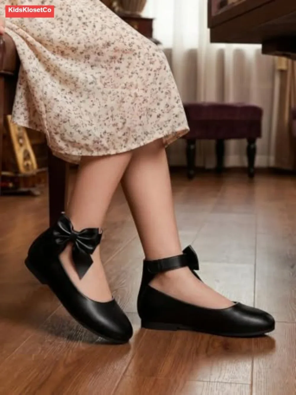 Girls Ballet Flats Dress Shoes Faux Leather Bowknot Ankle Strap Hook-and-Loop